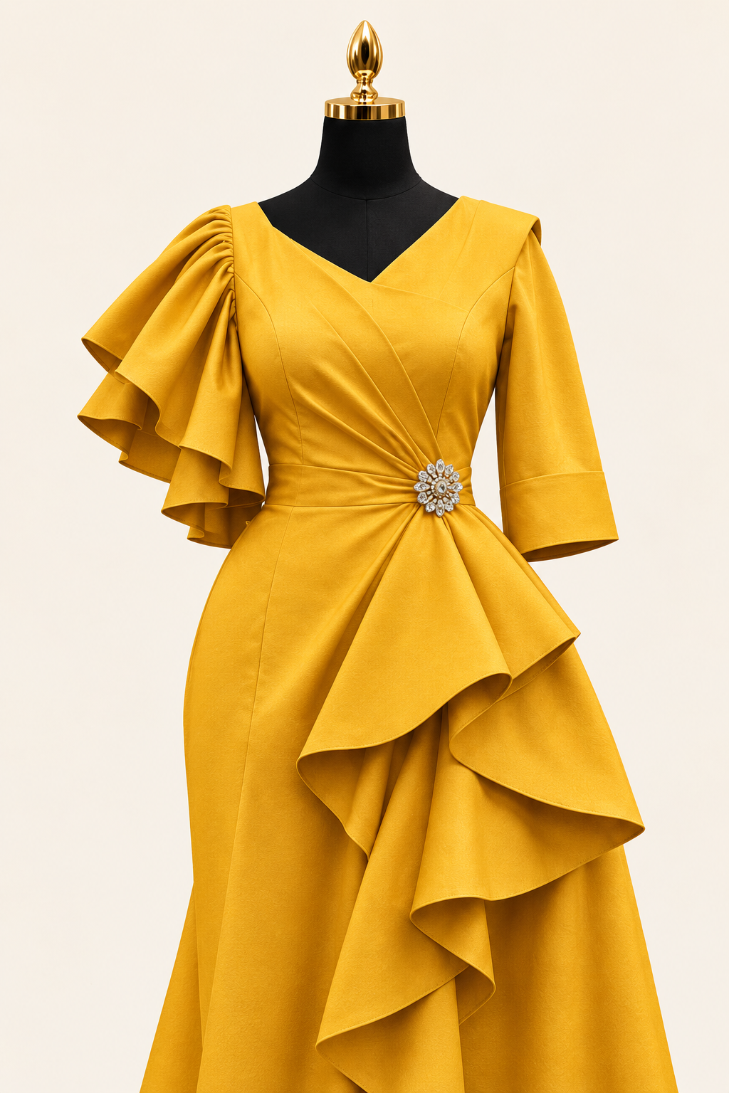 Golden dress with ruffled sleeve and embellished waist